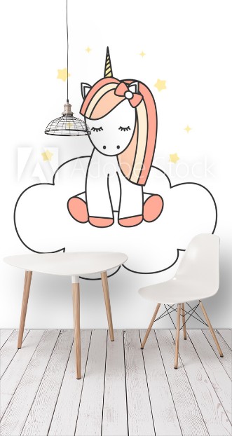 Bild på Cute cartoon little unicorn on a cloud vector illustration